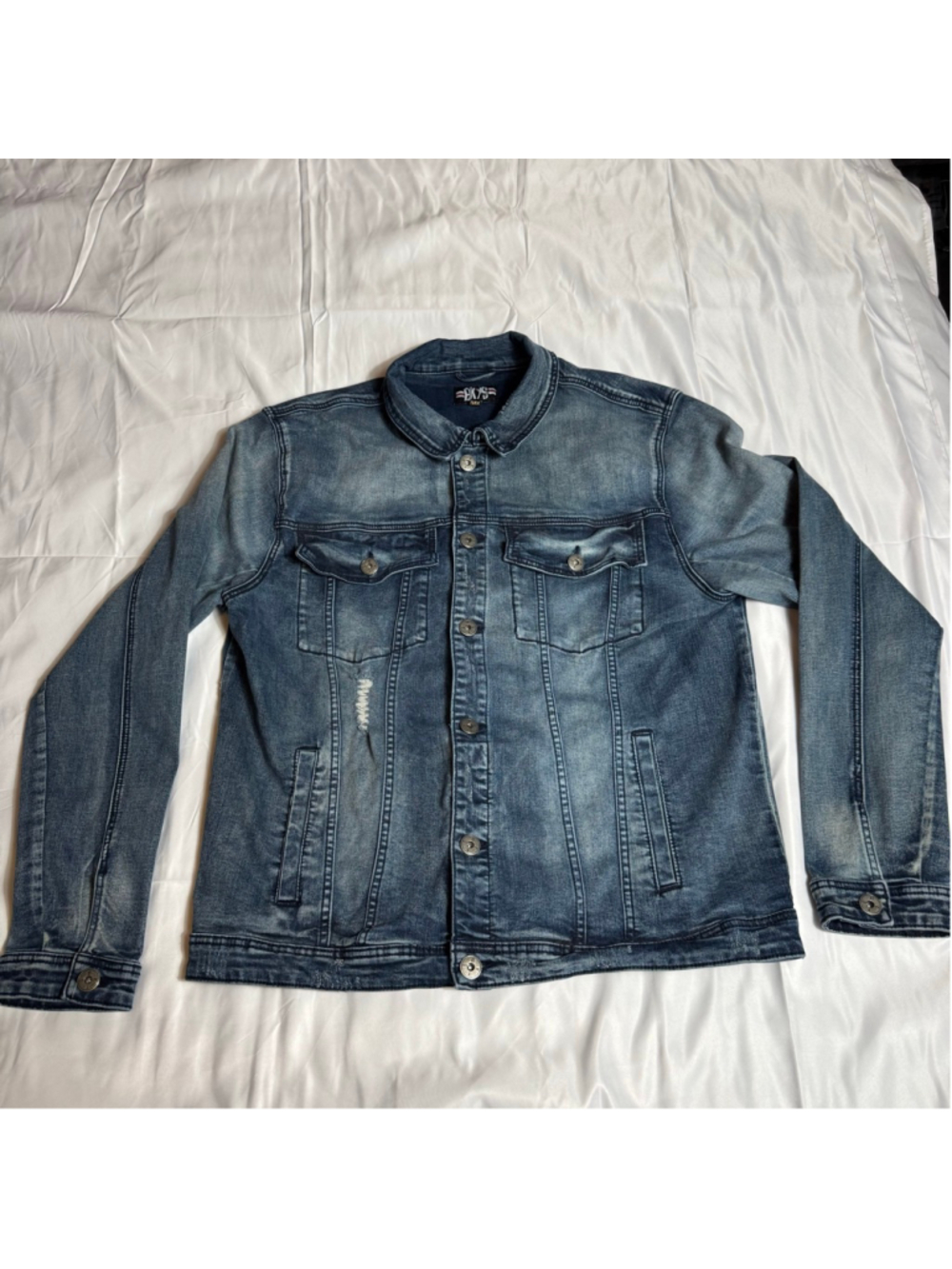 Men's BKYS Blue Distressed Denim Jacket 3XL with Lucky Charm Bunny